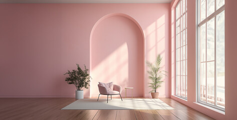 interior with pink walls, wooden floor and pink armchair - rendering, interior of a room