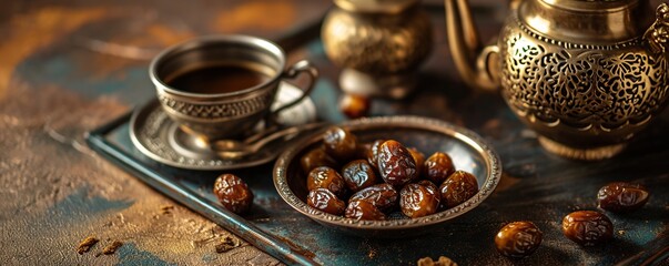 Dates fruit and Turkish coffee in a cup on an old background