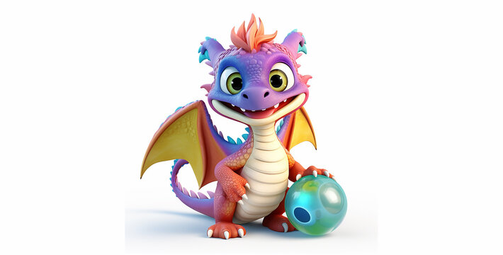 3d rendering of a cute dragon playing bowling isolated on white background, 3d rendered illustration of a dragon cartoon character with a soccer ball