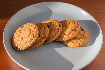 Oatmeal raisin cookies on a gray ceramic plate. Natural sunlight. Beautiful shadow