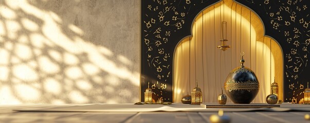 3d rendering of Ramadan Kareem background with mosque and golden lanterns