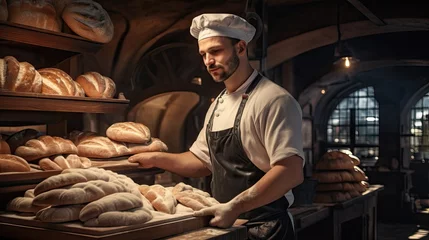 Foto op Canvas Male baker in an apron and cap in a bakery with freshly baked bread © Serhii