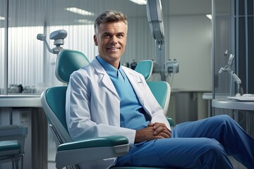 Naklejka na ściany i meble Dentist sitting in a dental office and smiling