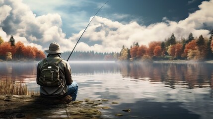 A fisherman sits on a lake/river with a fishing rod and fishes against the backdrop of a beautiful forest