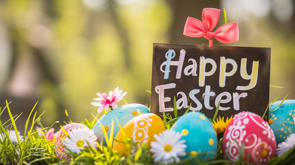 Colorful Easter eggs with a 'Happy Easter' sign adorned with a bow, nestled in spring grass