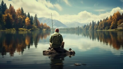 A fisherman sits on a lake/river with a fishing rod and fishes against the backdrop of a beautiful forest - obrazy, fototapety, plakaty