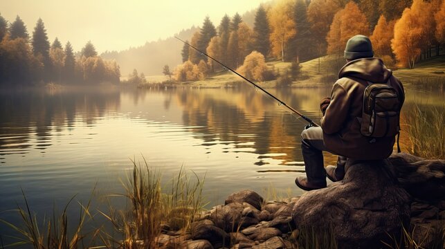 A fisherman sits on a lake/river with a fishing rod and fishes against the backdrop of a beautiful forest