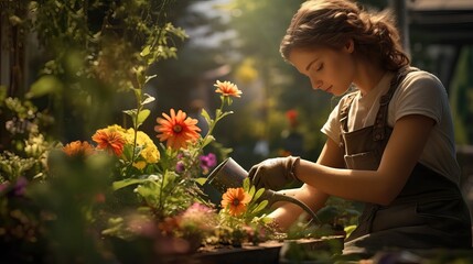 A girl gardener processes different plants in a greenhouse against a background of plants and flowers.