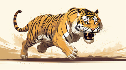 illustration of a yellow tiger running with no color background, Generate AI