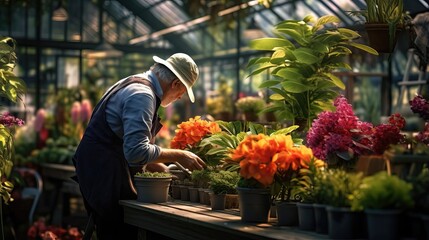 A male gardener processes different plants in a greenhouse against a background of plants and flowers - obrazy, fototapety, plakaty