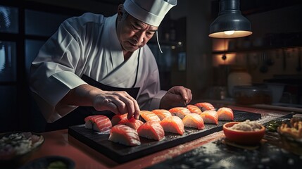 A male sushi chef prepares delicious rolls and sushi against the backdrop of a cozy kitchen.