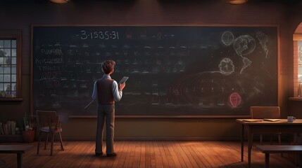 A male professor stands against the background of a large board with formulas