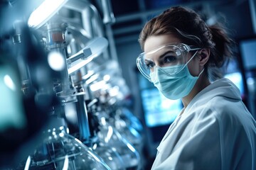 Female medical laboratory assistant in a protective mask and goggles in the laboratory conducts research