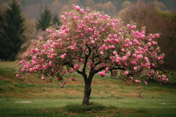 A single apple tree in full bloom