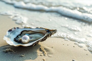 Freshly opened oyster with a pearl inside On a sandy beach