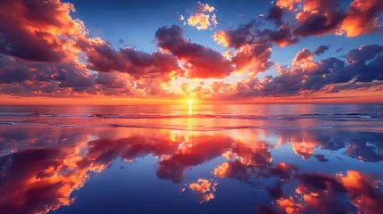 Zelfklevend Fotobehang Reflectie A breathtaking view of a vivid sunset with reflected clouds on damp sand during low tide Background