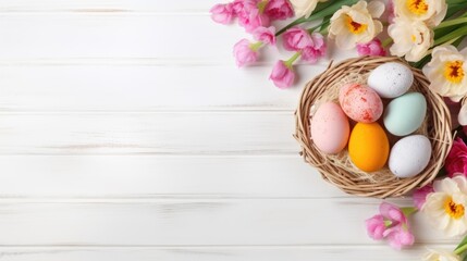 Naklejka na ściany i meble Easter basket with eggs and spring flowers on a white wooden background, a nest with painted eggs. Festive background, greeting card.happy Easter. Easter background with space to copy.