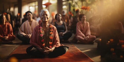Obraz na płótnie Canvas Group Meditation Session with a Serene Senior Woman Instructor in a Peaceful Setting. AI Generative.