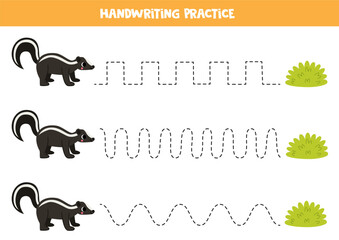 Tracing lines for kids. Cute cartoon skunk and green bush. Handwriting practice.