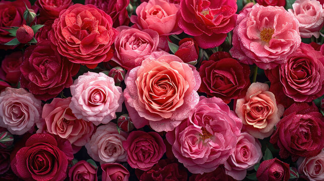 Romantic Collection of Dewy Roses in Red and Pink Hues