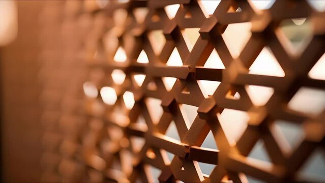 Closeup of a traditional wooden lattice screen adding depth to a modern office building.