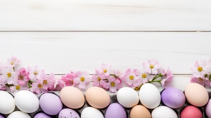 A cardboard tray or box with colored eggs and spring flowers on a white wooden background. Festive background, greeting card, happy Easter. Easter background with space to copy. - obrazy, fototapety, plakaty