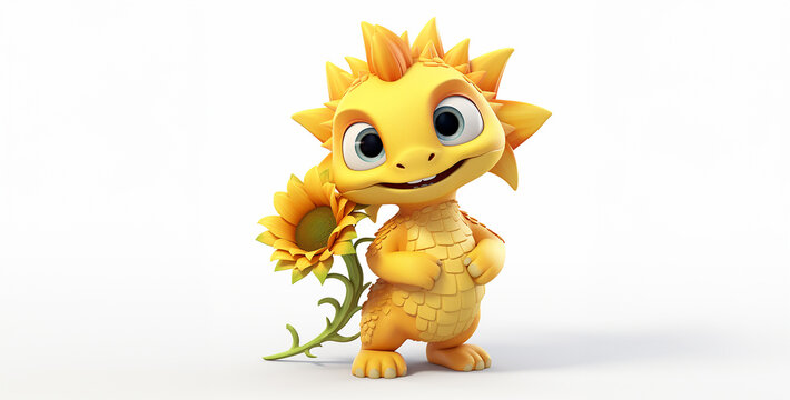 3d rendered illustration of a dragon cartoon character with sunflowers, Cute dragon with sunflower on white background. 3d illustration