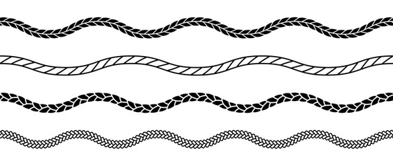 Set of rope waves. Repeating hemp cord stripes collection. Wavy chain, braid, plait bundle. Seamless decorative plait pattern. Vector marine twine design elements for banner, poster, frame, border - obrazy, fototapety, plakaty