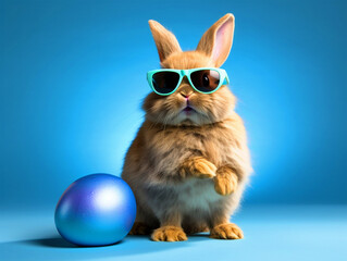 Easter Bunny wearing goggles standing with Easter eggs - ai generative