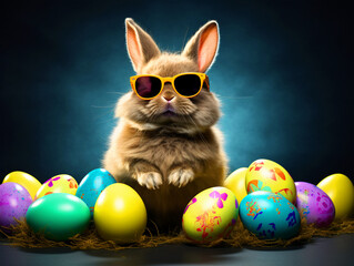 Fototapeta na wymiar Easter Bunny wearing goggles standing with Easter eggs - ai generative