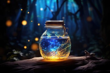 Jar of magical healing / mana potion in a glass jar on a dark background - obrazy, fototapety, plakaty