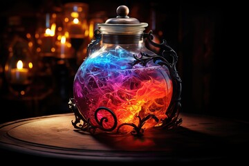 Jar of magical healing / mana potion in a glass jar on a dark background