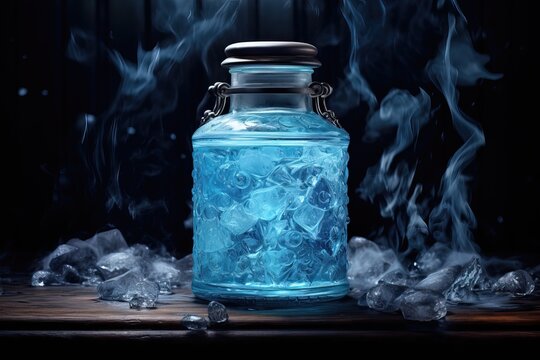 Jar of magical healing / mana potion in a glass jar on a dark background