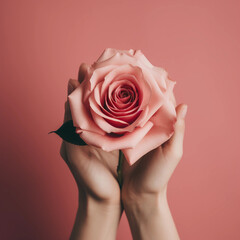 Woman hands holding pink rose for Happiness moment, Love, couple, Anniversary, Valentine's day, Give and love  concept, Generative AI.