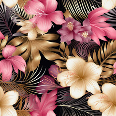 Blush and Gold Tropical Flora on Dark Canvas