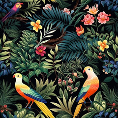 Fototapeta premium Tropical Aviary with Colorful Birds and Lush Foliage