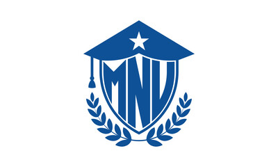 MNU three letter iconic academic logo design vector template. monogram, abstract, school, college, university, graduation cap symbol logo, shield, model, institute, educational, coaching canter, tech