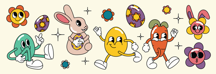 Set of easter groovy element vector. Collection of cartoon characters, doodle smile face, egg, rabbit, carrot, flower, sparkle. Cute retro groovy hippie design for decorative, sticker, kids. - obrazy, fototapety, plakaty