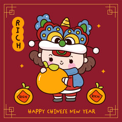 cute girl Chinese New Year Dragon holding orange greeting card. Series: Zodiac vector 2024 Wish you rich and wealth