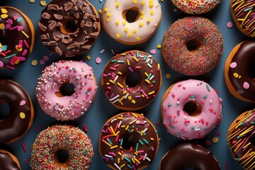 Appetizing donuts with various toppings, top view