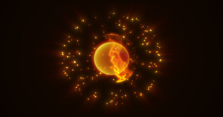 Energy yellow glowing cosmic magic sphere, futuristic round high-tech ball bright atom made of electricity, background