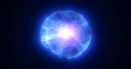 Fototapeta premium Abstract blue energy glowing digital sphere made from moving electric plasma liquid on black background