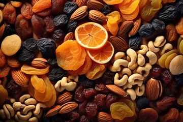 Appetizing fresh variety of dried fruits top view