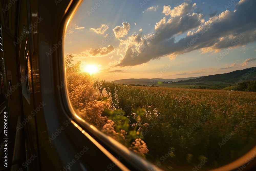 Poster a view of the sunset through a train window. generative ai.