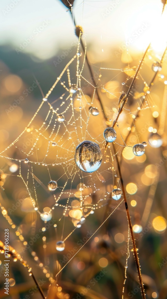 Poster a spider web with water droplets on it. generative ai.