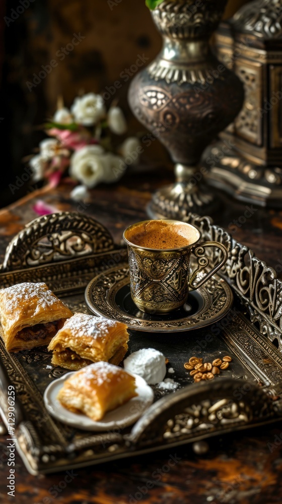 Sticker A tray with a cup of coffee and pastries on it. Generative AI.