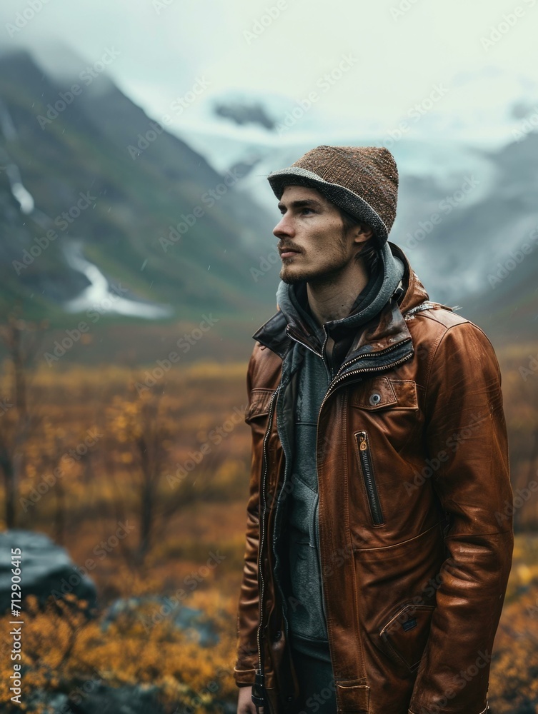 Poster man in a brown leather jacket and beanie standing in front of mountains. generative ai.