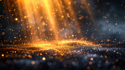Black And Gold Glow Emanates From Radiant Display of Dark luminescent particles in this abstract background - obrazy, fototapety, plakaty