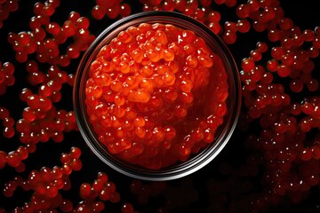 Fresh trout caviar in a jar, top view