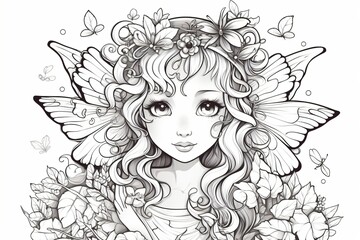 Black and white outline of a girl angel for coloring book